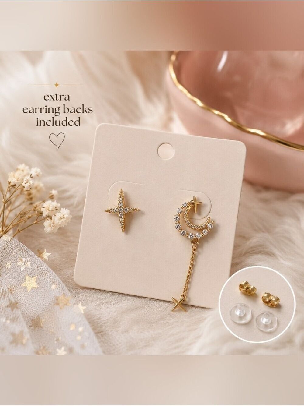 Gold Crystal Crescent Moon Star Asymmetrical Stud Earrings